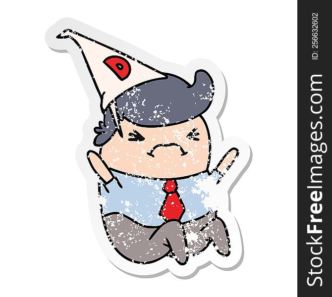 Hand drawn distressed sticker cartoon kawaii man in dunce hat