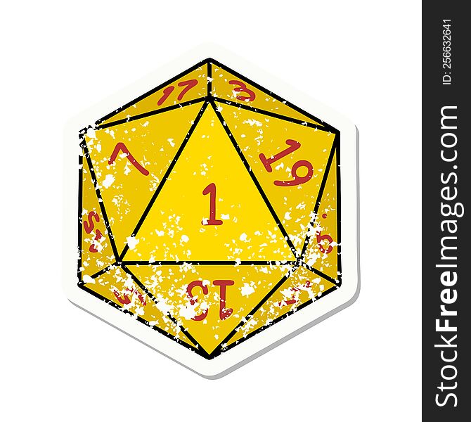 grunge sticker of a natural 1 D20 dice roll. grunge sticker of a natural 1 D20 dice roll