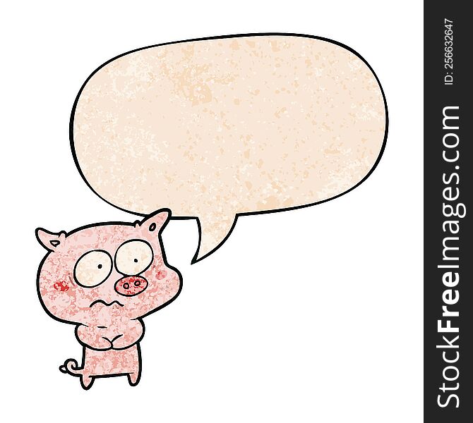 Cartoon Nervous Pig And Speech Bubble In Retro Texture Style
