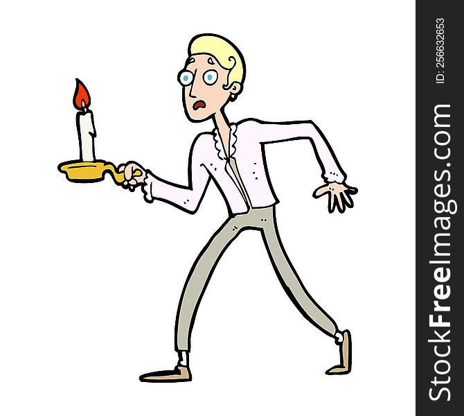 cartoon frightened man walking with candlestick