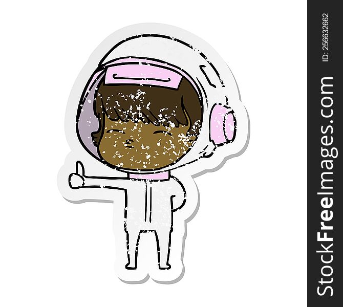 distressed sticker of a cartoon curious astronaut giving thumbs up