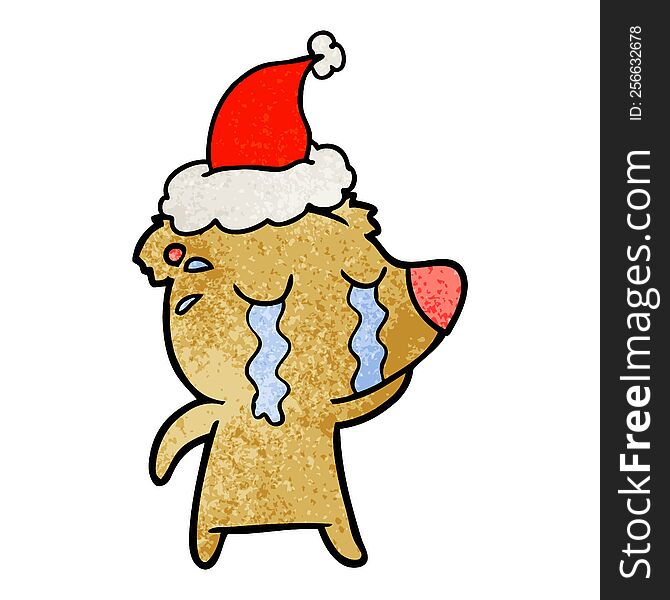 Textured Cartoon Of A Crying Bear Wearing Santa Hat