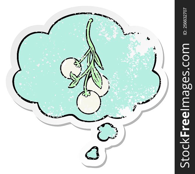 cartoon mistletoe and thought bubble as a distressed worn sticker