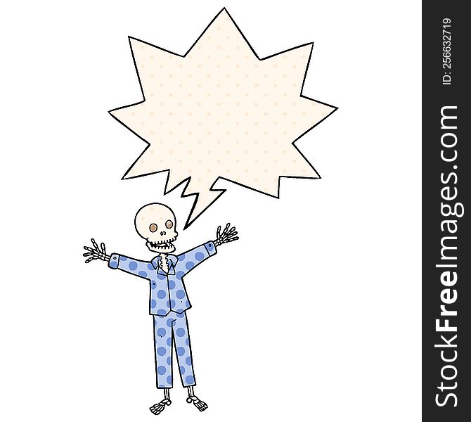 cartoon skeleton wearing pajamas and speech bubble in comic book style