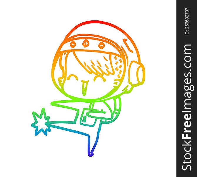 rainbow gradient line drawing of a happy cartoon space girl kicking