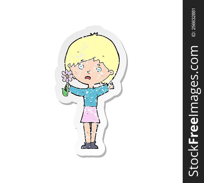 retro distressed sticker of a cartoon woman with flower