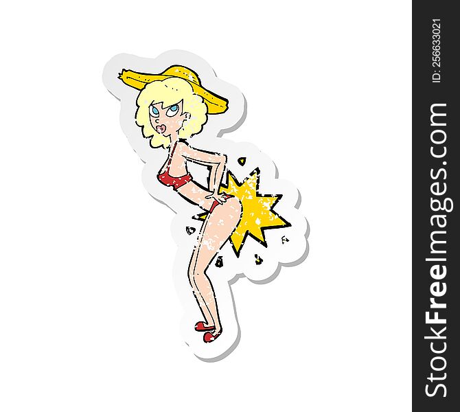 Retro Distressed Sticker Of A Cartoon Bikini Pin Up Woman