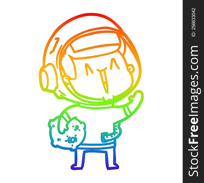 rainbow gradient line drawing of a happy cartoon astronaut with moon rock