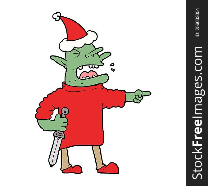 hand drawn line drawing of a goblin with knife wearing santa hat