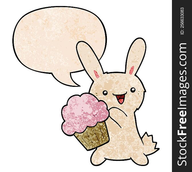 cute cartoon rabbit with muffin with speech bubble in retro texture style. cute cartoon rabbit with muffin with speech bubble in retro texture style