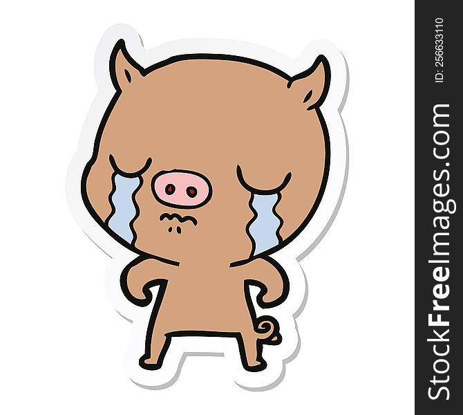Sticker Of A Cartoon Pig Crying