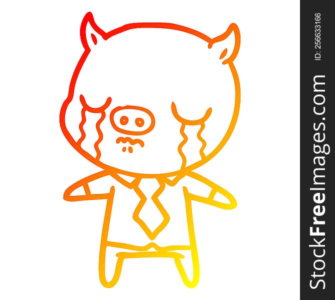 warm gradient line drawing of a cartoon pig crying wearing shirt and tie