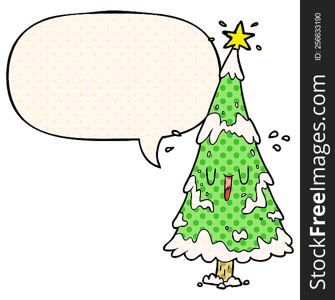 cartoon snowy christmas tree with happy face with speech bubble in comic book style. cartoon snowy christmas tree with happy face with speech bubble in comic book style