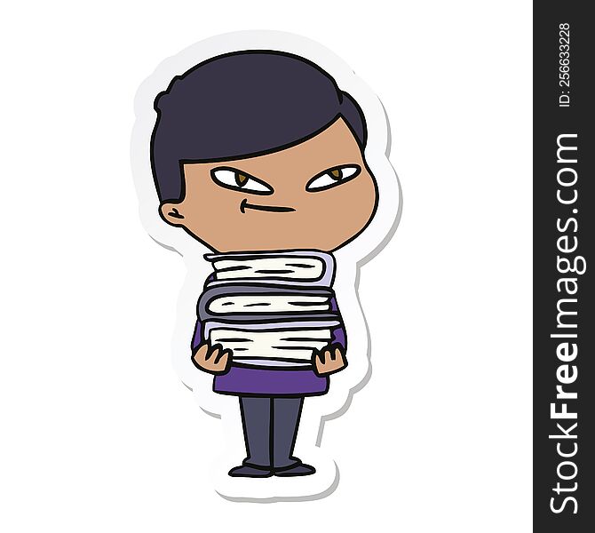 Sticker Of A Cartoon Boy With Books