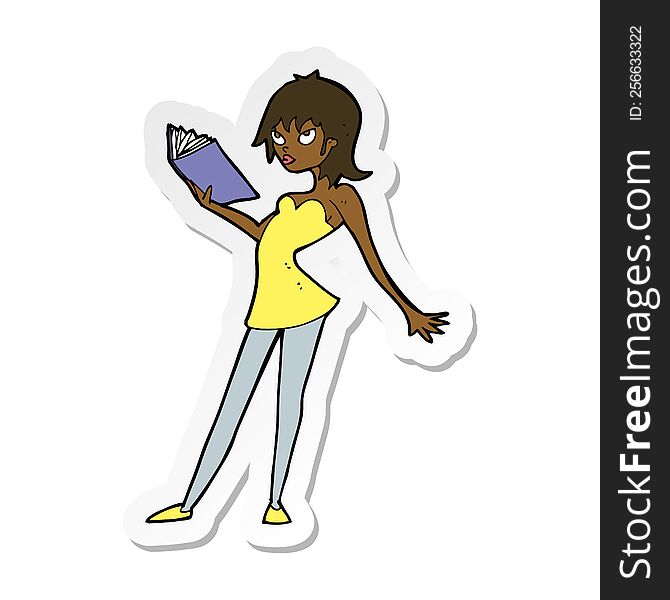 sticker of a cartoon woman reading book