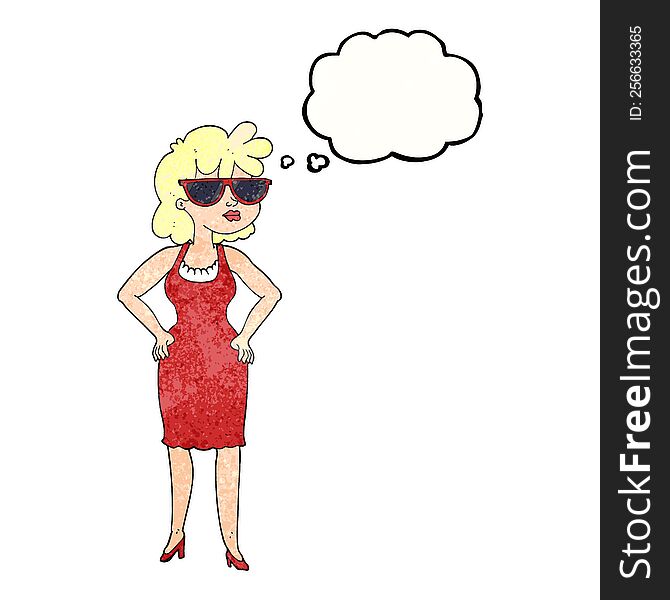 Thought Bubble Textured Cartoon Woman Wearing Sunglasses
