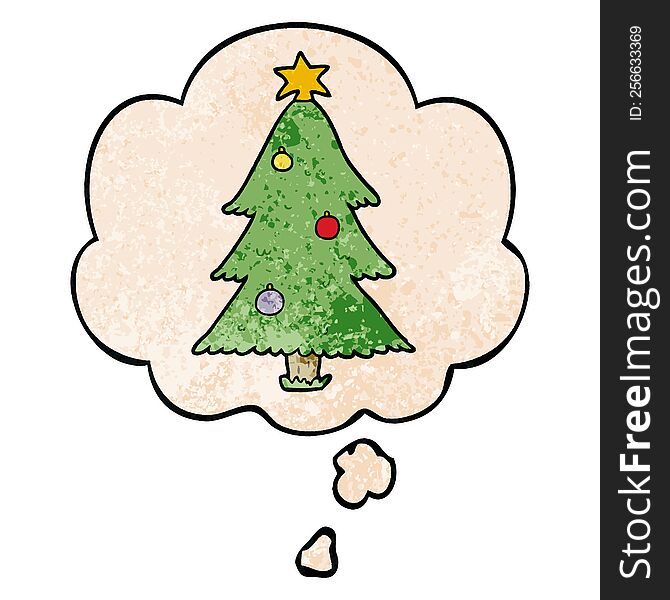 Cartoon Christmas Tree And Thought Bubble In Grunge Texture Pattern Style