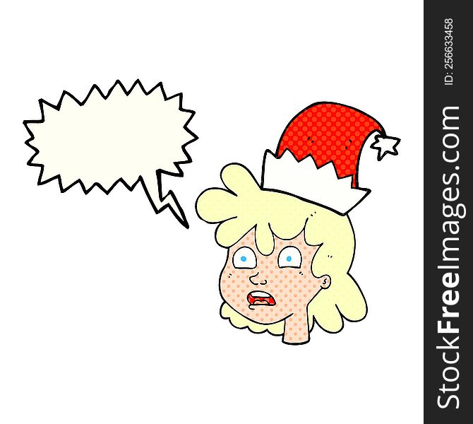 Comic Book Speech Bubble Cartoon Woman Wearing Christmas Hat