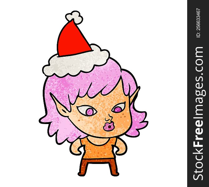 pretty hand drawn textured cartoon of a elf girl wearing santa hat. pretty hand drawn textured cartoon of a elf girl wearing santa hat