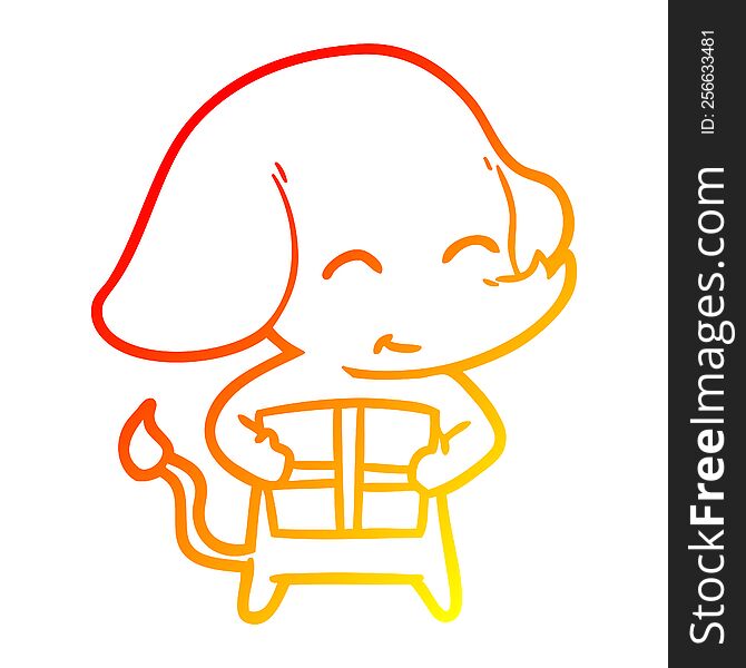 warm gradient line drawing of a cute cartoon elephant with gift
