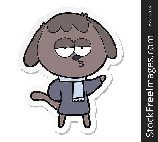 Sticker Of A Cartoon Tired Dog Wearing Winter Clothes