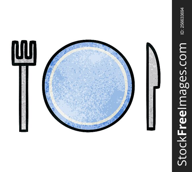 retro grunge texture cartoon of a plate and cutlery