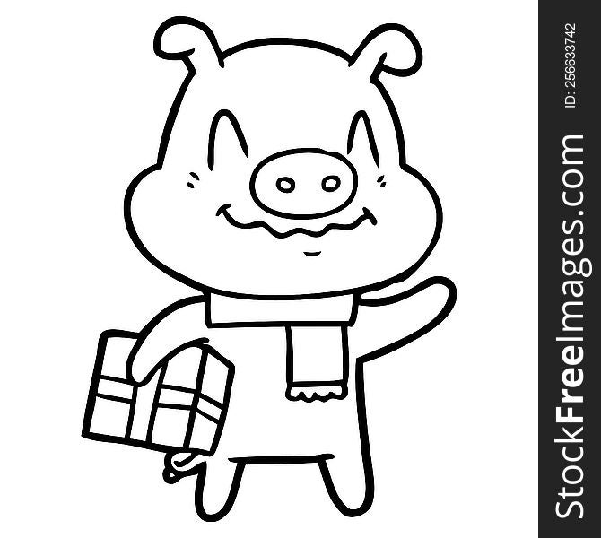 nervous cartoon pig with present. nervous cartoon pig with present