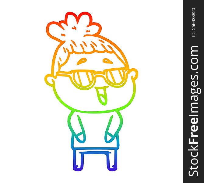 rainbow gradient line drawing of a cartoon happy woman wearing spectacles