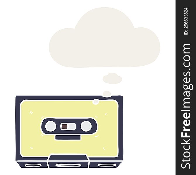 cartoon old cassette tape with thought bubble in retro style