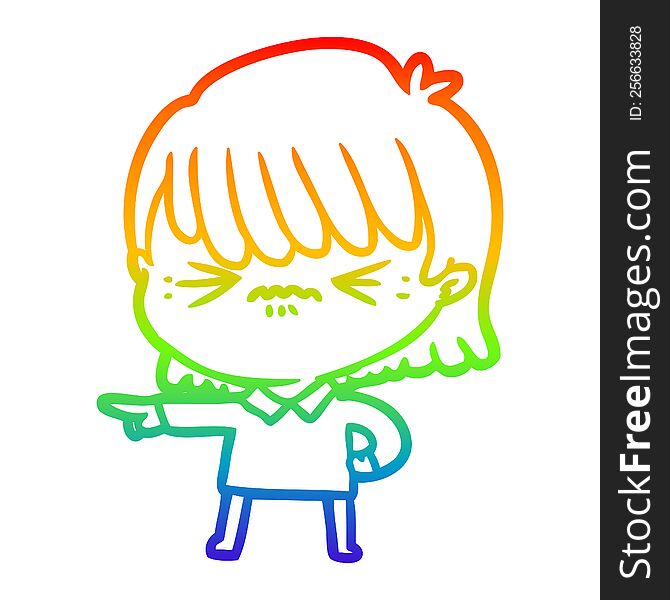Rainbow Gradient Line Drawing Annoyed Cartoon Girl Making Accusation
