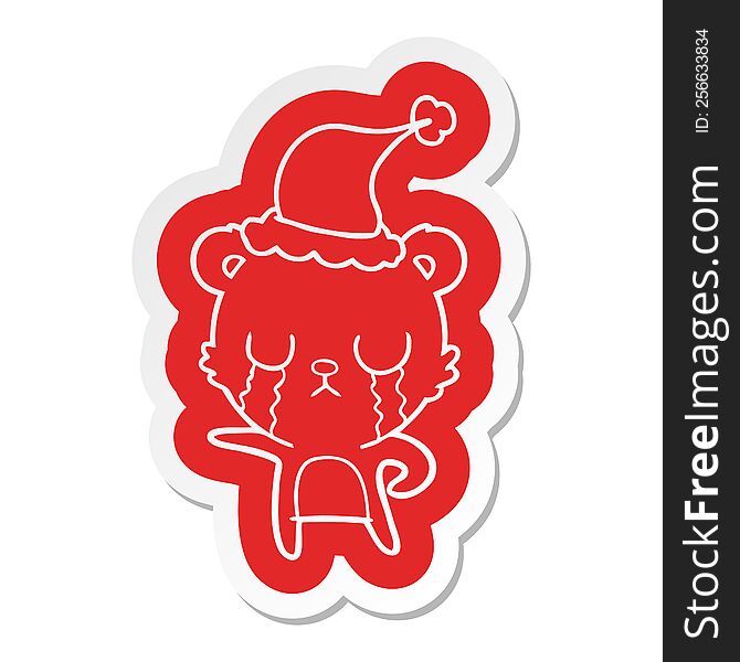 crying quirky cartoon  sticker of a bear wearing santa hat