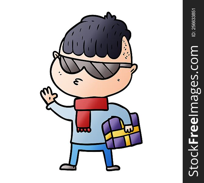 cartoon boy wearing sunglasses carrying xmas gift. cartoon boy wearing sunglasses carrying xmas gift