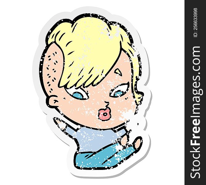 Distressed Sticker Of A Cartoon Surprised Girl Falling Over