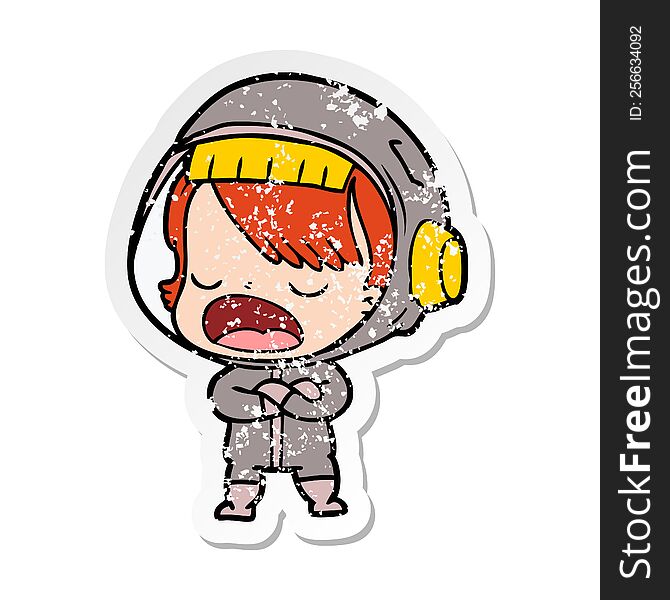 Distressed Sticker Of A Cartoon Talking Astronaut