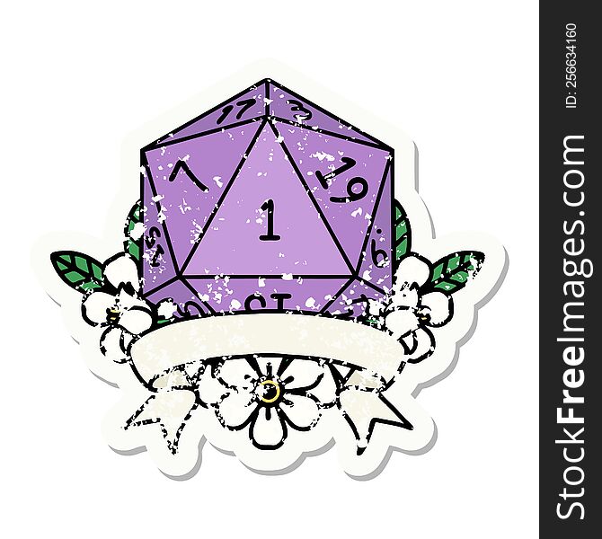 Natural One D20 Dice Roll Grunge Sticker