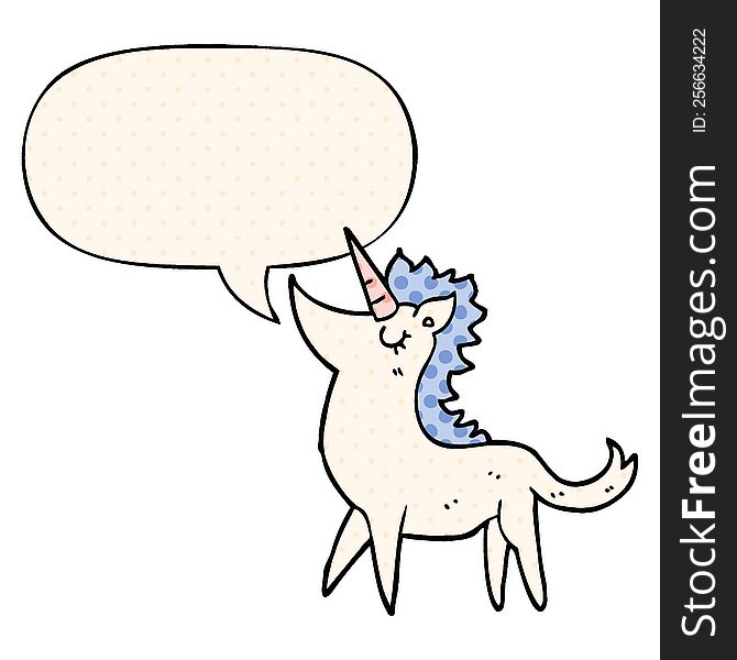 cartoon unicorn with speech bubble in comic book style
