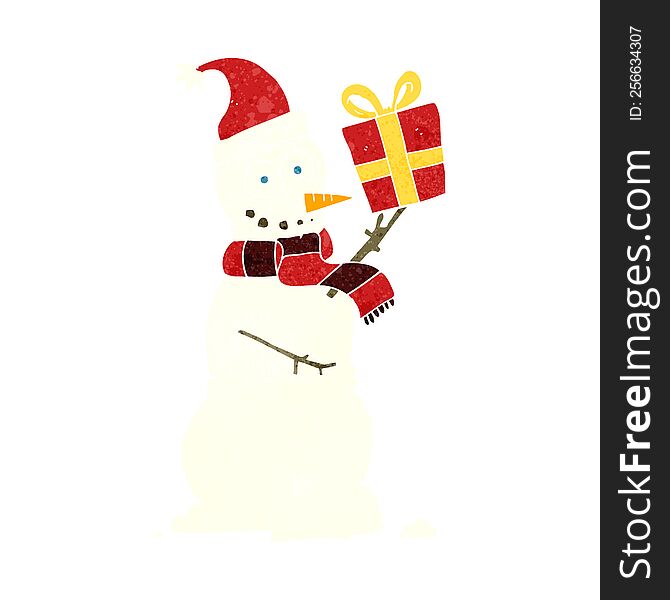 Retro Cartoon Snowman Holding Present