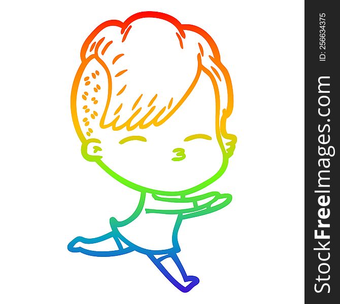 Rainbow Gradient Line Drawing Cartoon Squinting Girl Running