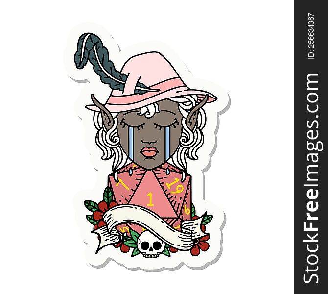 sticker of a crying elf bard character face with natural one d20 dice roll. sticker of a crying elf bard character face with natural one d20 dice roll