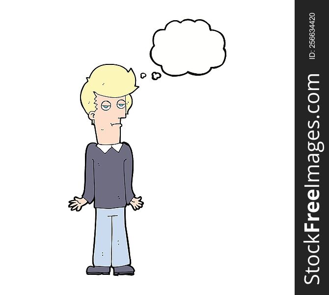 cartoon bored man shrugging shoulders with thought bubble