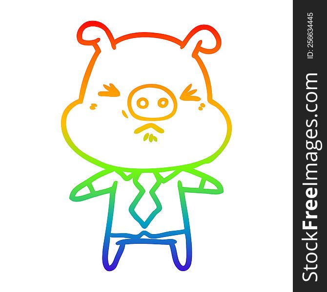 rainbow gradient line drawing of a cartoon angry pig in shirt and tie