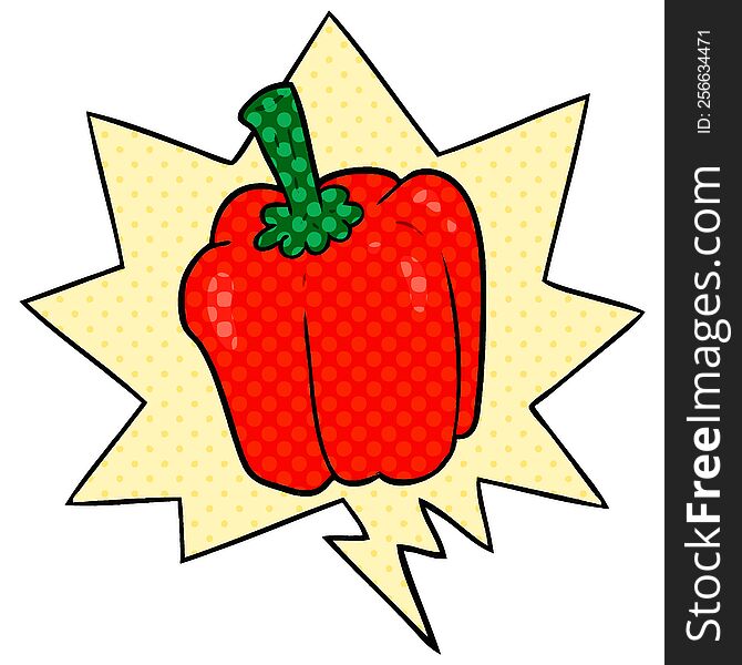 cartoon fresh organic pepper with speech bubble in comic book style