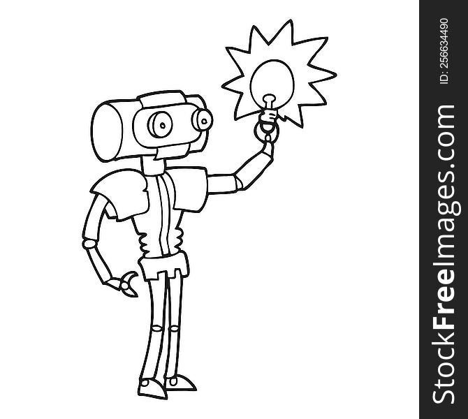 black and white cartoon robot with light bulb