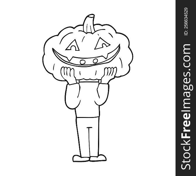 freehand drawn black and white cartoon pumpkin head halloween costume