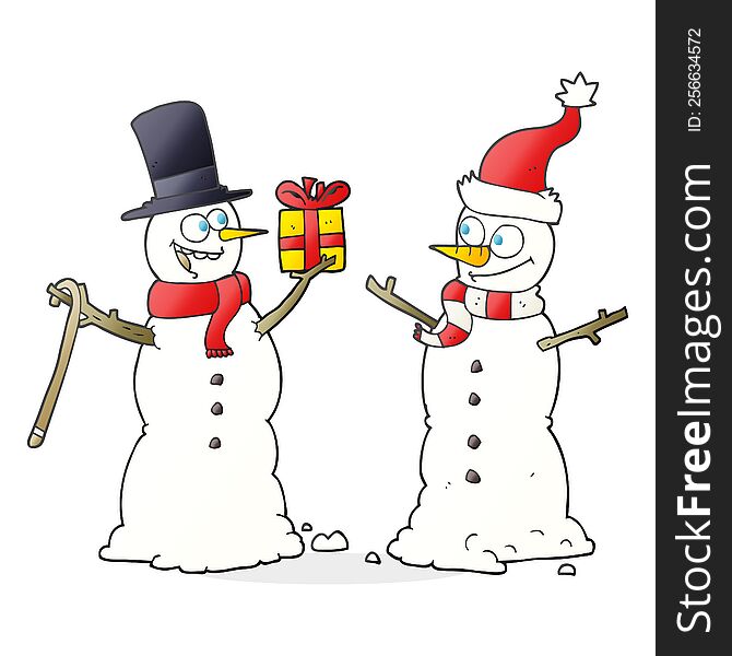 Cartoon Snowmen Exchanging Gifts