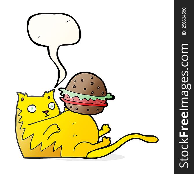 freehand drawn speech bubble cartoon fat cat with burger