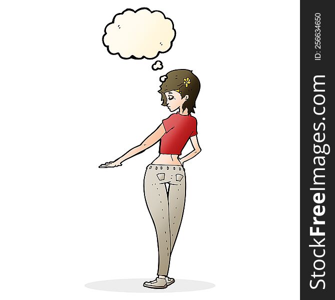 cartoon pretty girl in jeans and tee with thought bubble