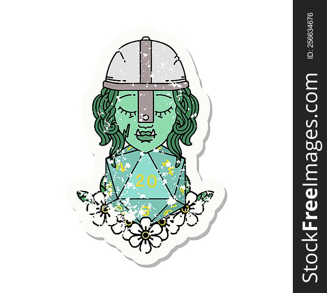 grunge sticker of a half orc fighter character with natural twenty dice roll. grunge sticker of a half orc fighter character with natural twenty dice roll
