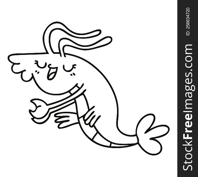 line drawing quirky cartoon happy shrimp. line drawing quirky cartoon happy shrimp