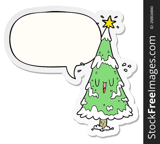 cartoon snowy christmas tree and happy face and speech bubble sticker